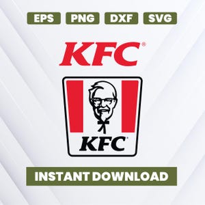 Pode incluir: Gráfico digital com o logotipo da KFC em vermelho e preto. O logotipo inclui a imagem do Coronel Sanders dentro de um balde listrado em vermelho e branco. As palavras "KFC" e "Download instantâneo" também estão presentes.