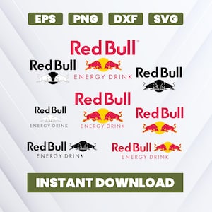 以下が含まれることがあります： 赤、黒、白のRed Bullロゴのバリエーションを複数表示したデジタルデザイン。ロゴにはブランド名と「ENERGY DRINK」のフレーズが含まれています。画像には、ファイルタイプのラベル（EPS、PNG、DXF、SVG）と「INSTANT DOWNLOAD」のテキストも含まれています。