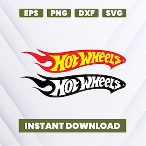 May include: Two Hot Wheels logos, one in red and yellow, the other in black and white, with a flame design. The text "EPS", "PNG", "DXF", and "SVG" are at the top. The words "INSTANT DOWNLOAD" are at the bottom.