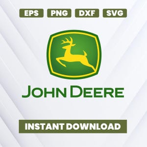 May include: The John Deere logo features a leaping deer in yellow within a green and yellow rectangle. The words "JOHN DEERE" are below the logo, with "INSTANT DOWNLOAD" in a green rectangle beneath. File type icons are in the top left.