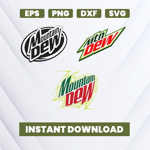May include: Three Mountain Dew logos in black and white, and green and red. The logos are in different styles. The top of the image has the file types EPS, PNG, DXF, and SVG. The bottom of the image has the text INSTANT DOWNLOAD.