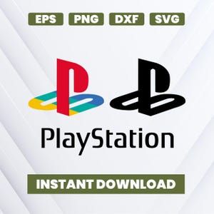 Peut inclure: Conception graphique numérique avec le logo PlayStation en rouge, noir et multicolore. Le mot "PlayStation" est en dessous des logos, avec le texte "TÉLÉCHARGEMENT INSTANTANÉ" en bas. Icônes de type de fichier en haut.