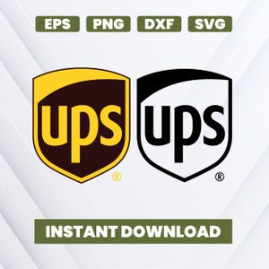 May include: Two UPS logos, one in brown and gold, the other in black and white, are displayed side-by-side. The text "EPS PNG DXF SVG" is above the logos. Below the logos is the text "INSTANT DOWNLOAD".
