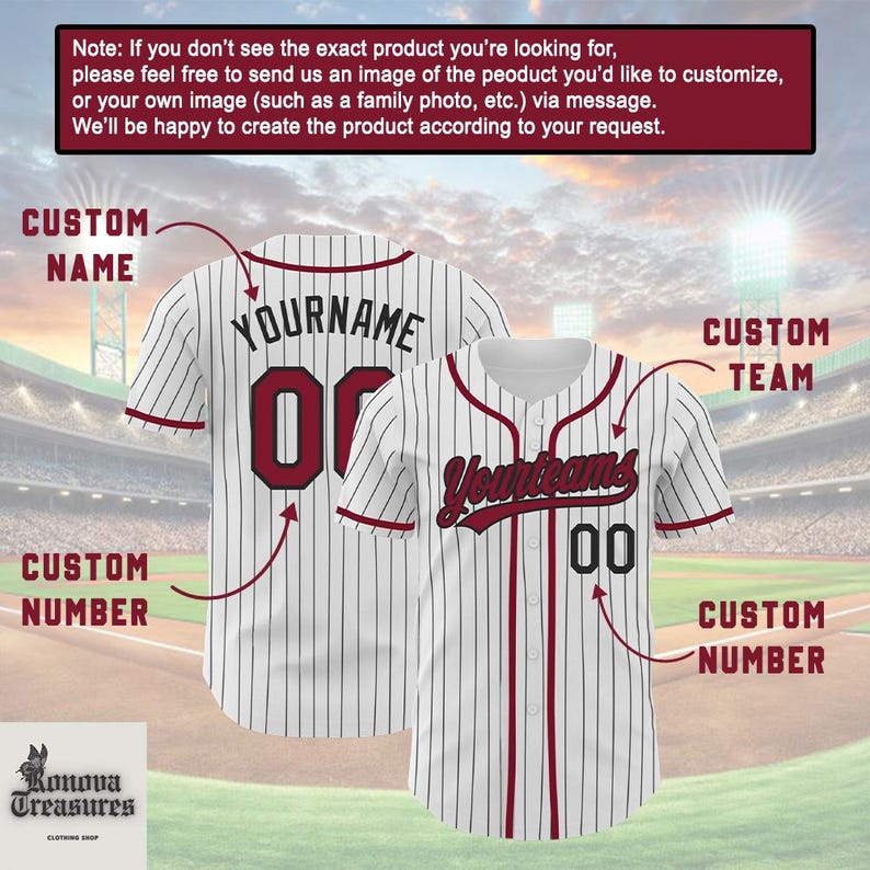 A baseball jersey with the text "YOURTEAM 00" and "00" printed on it, along with various customization options such as "CUSTOM NAME", "CUSTOM NUMBER", and "CUSTOM TEAM".