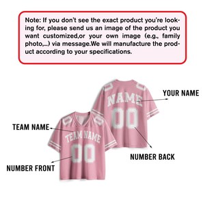 The image is a pink football jersey with the number 00, labeled with "TEAM NAME" and "NAME" on the front and back, respectively.