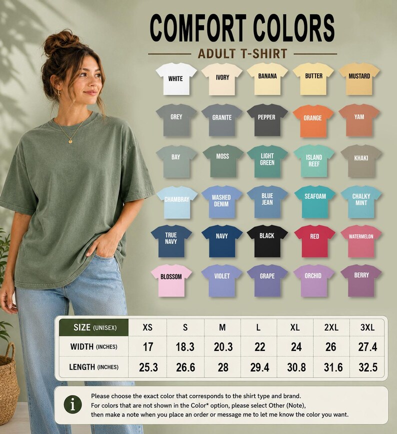 a woman wearing a green t-shirt, standing next to a wall with a list of different colored t-shirts displayed on it.