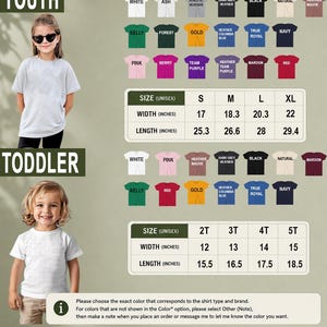 The image is a collage of two photos featuring young children wearing different colored t-shirts. The photos show the children in various poses, with one photo showing a young girl wearing a white t-shirt and the other showing a young boy wearing a black t-shirt. The collage includes a section with size information for both the youth and toddler sections, providing details about the t-shirt sizes for each age group.
