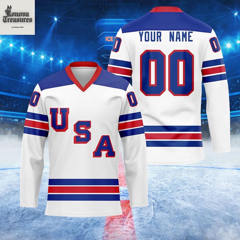 A white and blue USA hockey jersey with the number 00, featuring the text "USA" on the front.