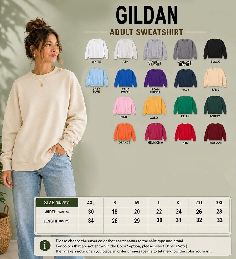 a woman standing in front of a wall with a selection of colorful adult sweatshirts displayed on it.