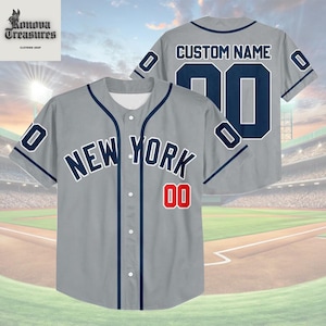 A gray New York baseball jersey with the custom name "00" and the number "00" printed on it, along with the text "NEW YORK" and "00" on the front.