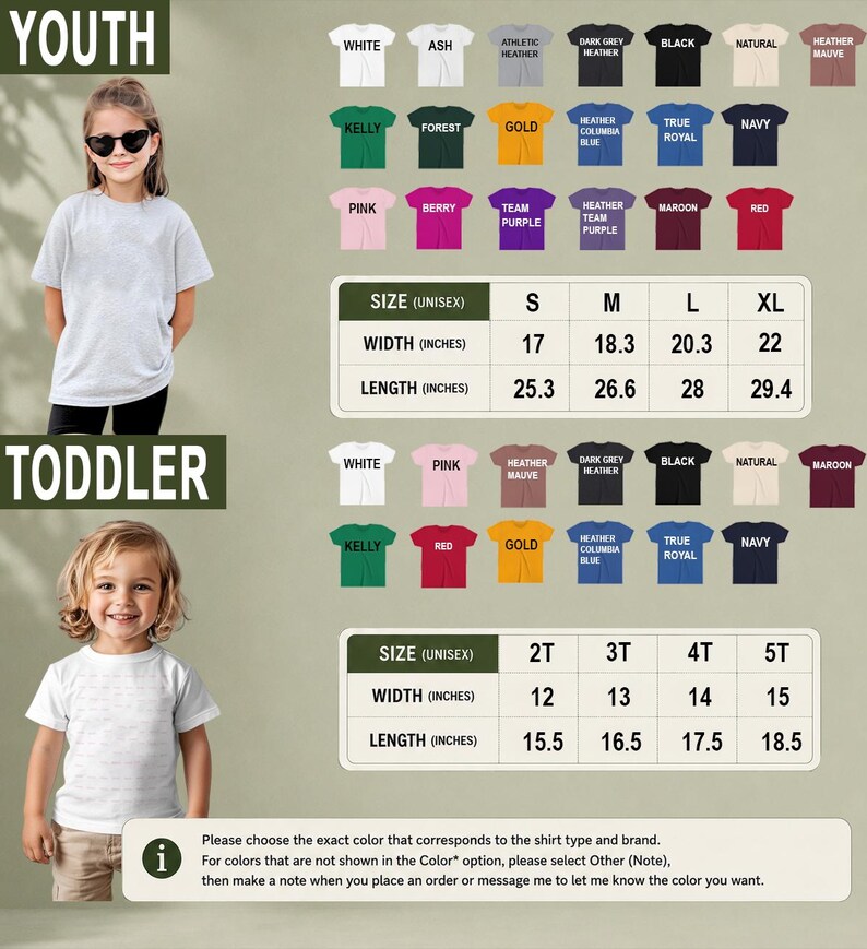 The image is a collage of two photos featuring young children wearing different colored t-shirts. The photos show the children in various poses, with one photo showing a young girl wearing a white t-shirt and the other showing a young boy wearing a black t-shirt. The collage includes a section with size information for both the youth and toddler sections, providing details about the t-shirt sizes for each age group.