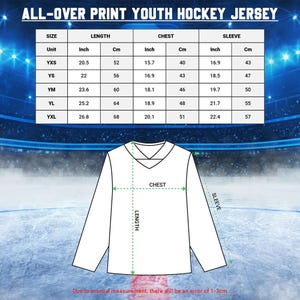 The image is a youth hockey jersey size chart with measurements for different age groups.