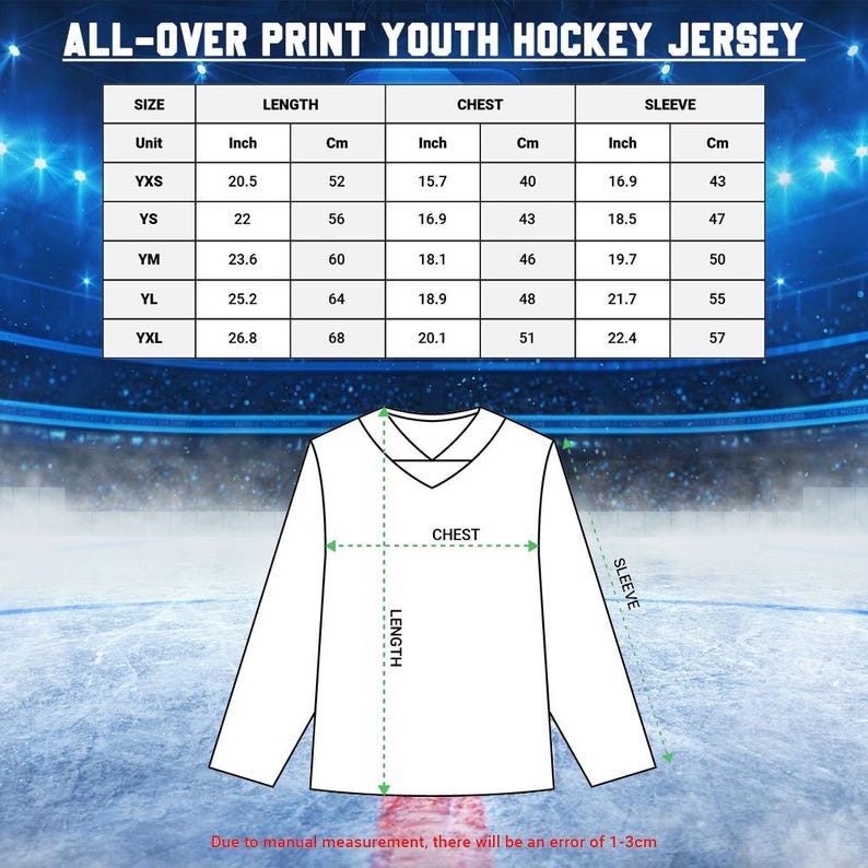The image is a youth hockey jersey size chart with measurements for different age groups.
