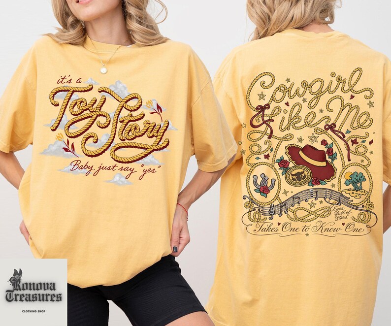 a woman wearing a yellow t-shirt with a design on the front and back.