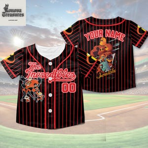 May include: Black baseball jersey with red pinstripes featuring "The Incredibles" logo and character graphics. The jersey has a white collar and buttons, with the number "00" on the front. The back of the jersey has the text "YOUR NAME".