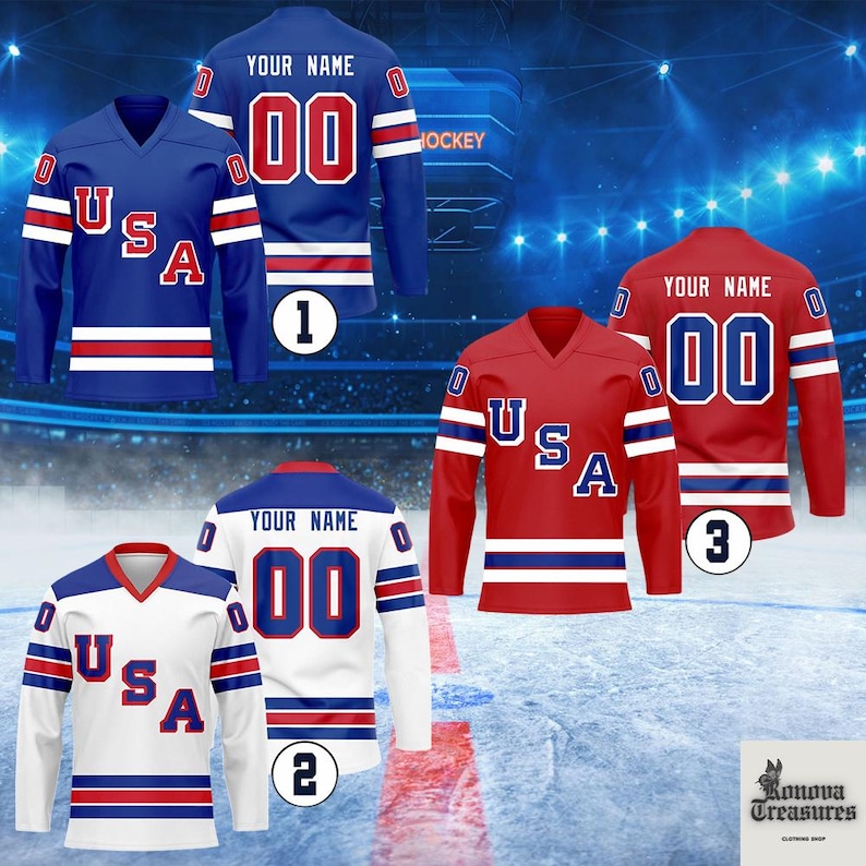 a collection of four different US hockey jerseys, each with unique names and numbers, set against a backdrop of a hockey rink and stadium lights.