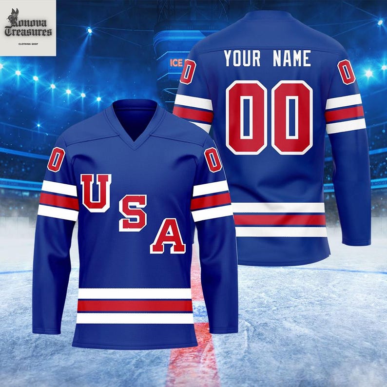 A blue hockey jersey with the text "USA" on the front and "YOUR NAME" on the back, along with the number "00" displayed on the back.
