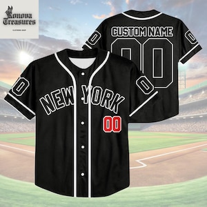 A black baseball jersey with the text "NEW YORK" and the number "00" printed on it, along with a custom name and number.