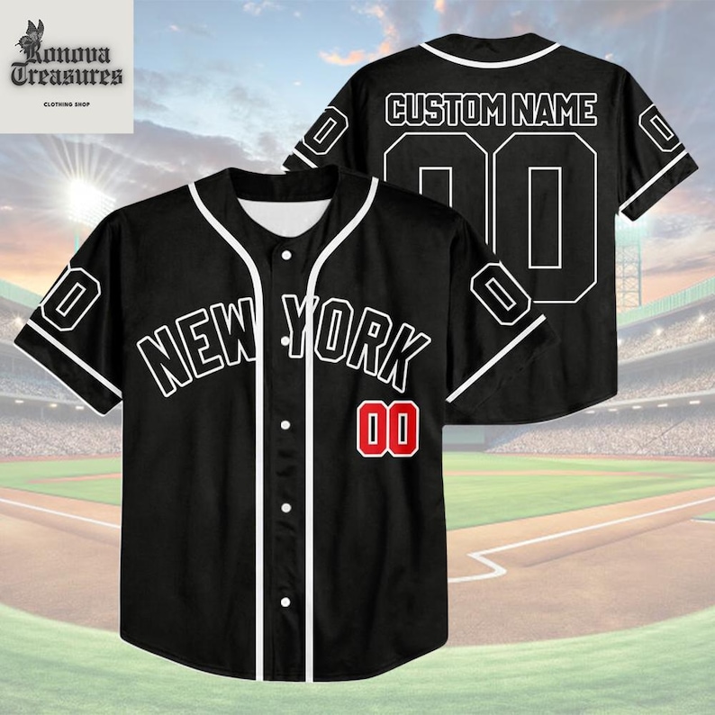A black baseball jersey with the text "NEW YORK" and the number "00" printed on it, along with a custom name and number.