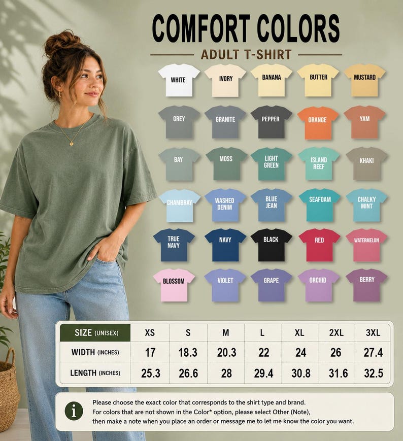 a woman wearing a green t-shirt, standing next to a wall with a list of different colored t-shirts displayed on it.
