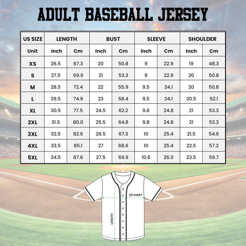 The image is an adult baseball jersey size chart, providing measurements for different US sizes (XS, S, M, L, XL, and 5XL) and corresponding bust, sleeve, and shoulder measurements.