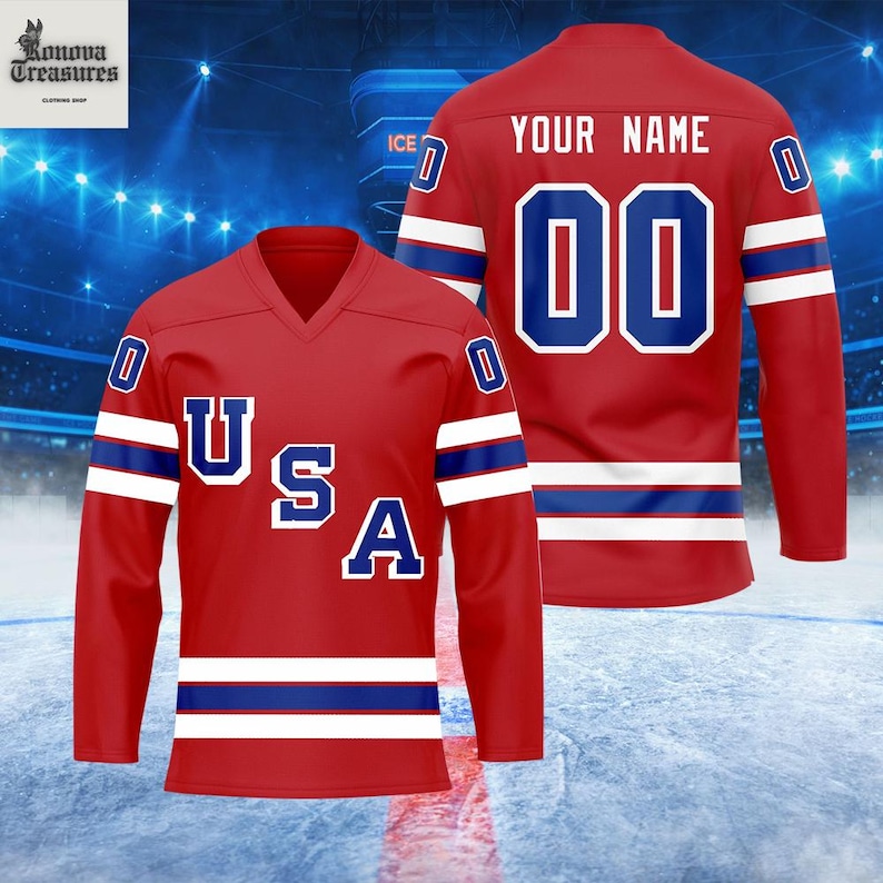 A red hockey jersey with the text "USA" printed on it, along with the number "00" and the text "YOUR NAME" on the back.