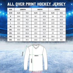 The image is a detailed size chart for a hockey jersey, providing measurements for different jersey sizes.