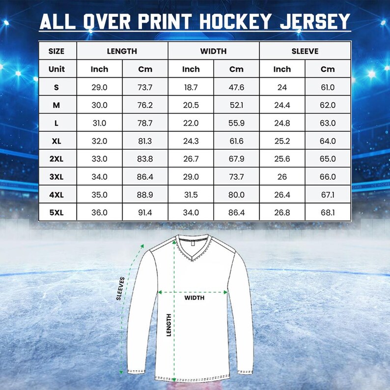 The image is a detailed size chart for a hockey jersey, providing measurements for different jersey sizes.