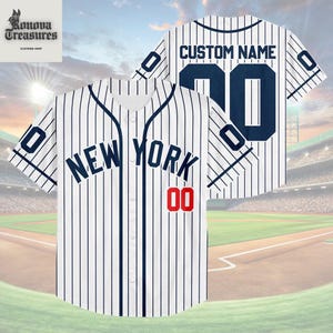 A baseball jersey with the New York Yankees logo and the number 00, along with a custom name. The jersey is displayed against a backdrop of a baseball field and stadium.