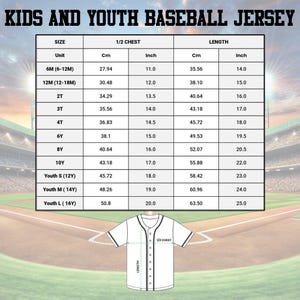 The image is a size chart for kids and youth baseball jerseys, providing measurements for different age groups.