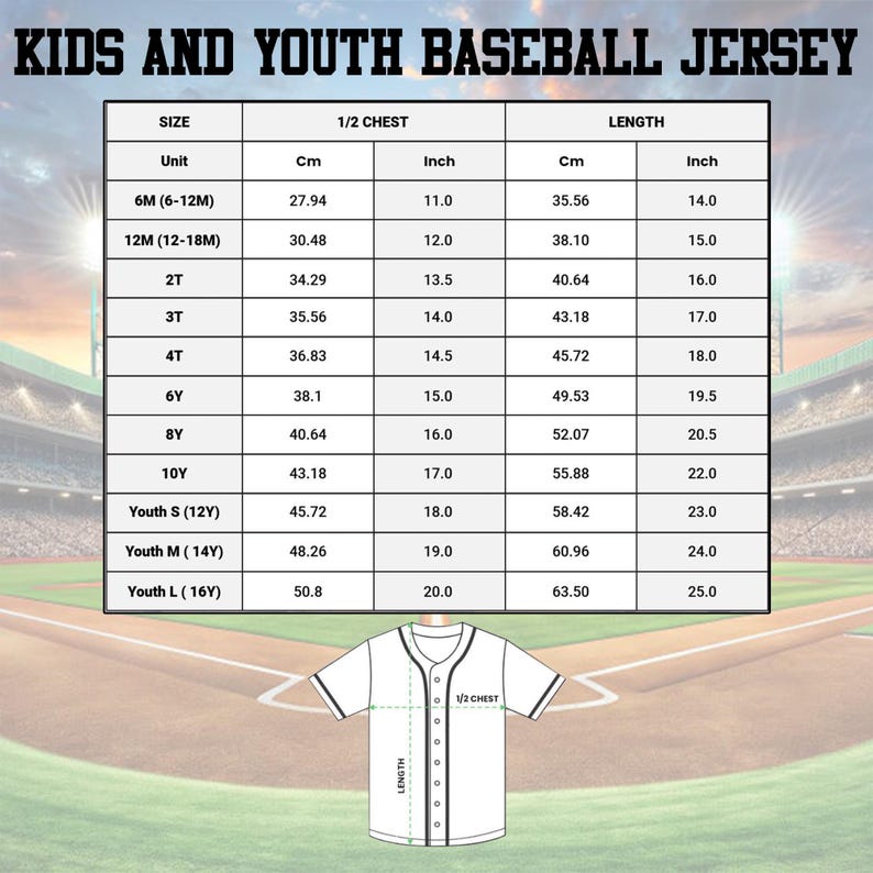 The image is a size chart for kids and youth baseball jerseys, providing measurements for different age groups.