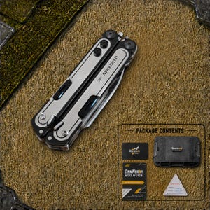 May include: A silver and black Leatherman Arc multi-tool with visible screws and branding. Included in the package contents are a black GearNexon storage case, a GearNexon mod guide, a small black card, and a triangular white inspection tag.