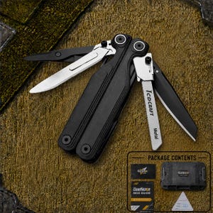 Könnte beinhalten: Ein schwarzes Multifunktionswerkzeug mit mehreren ausgeklappten Teilen, darunter eine silberne Klinge und ein silbernes Sägeblatt mit der Aufschrift "TCDRAFT Metal". Das Set enthält ein schwarzes Etui, eine "GearNexon"-Karte, ein "GearNexon MOD GUIDE"-Heft und ein kleines weißes Dreieck.