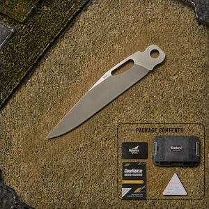 May include: A silver-toned metal knife blade with an elongated cutout and a circular hole near the tang, marked with M390. Included is a package contents display featuring a black storage case, a GearNexon mod guide, and a triangular certificate.