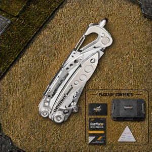 May include: A silver Leatherman Skeletool multi-tool with a carabiner clip. The package contents include a black GearNexon case, a GearNexon mod guide card, a small black GearNexon logo patch, and a triangular white card with text.