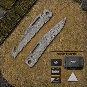 Puede incluir: Dos hojas de cuchillo de metal con un patrón de Damasco ondulado en gris y negro. Una hoja tiene un borde dentado y un gancho, mientras que la otra es lisa. Se incluye un estuche negro, una tarjeta GearNexon, una guía y una etiqueta triangular.