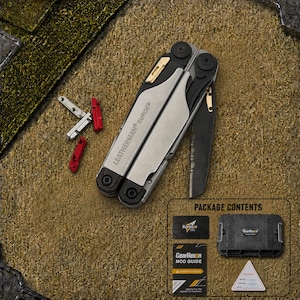 May include: A silver and black Leatherman Surge multitool with a partially extended serrated blade, accompanied by small red and silver metal components, a black storage case, a GearNexon mod guide, and a small triangular certificate card.