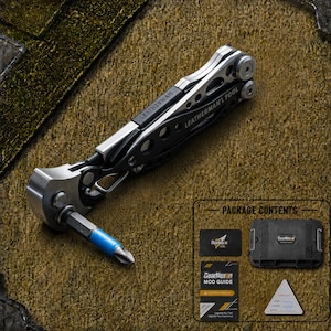 Peut inclure: Un outil multifonction Leatherman argenté et noir avec un embout de tournevis à pointe bleue inséré. L'image comprend une boîte intitulée PACKAGE CONTENTS, un étui noir, une carte GearNexon Mod Guide, un logo GearNexon et un certificat triangulaire.