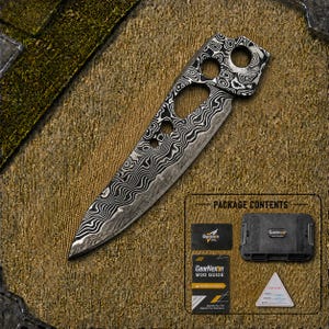 May include: A Damascus steel knife blade featuring a distinct wavy black and white pattern, three circular cutouts, and a large hole at the handle end. The package contents include a black storage case, a GearNexon mod guide, and a small card.