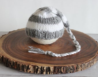 Newborn Stocking Hat, Newborn Elf Hat, Knit Newborn Hat, Newborn Nightcap,Knit Photography Prop,Gray Newborn Prop, Knit Photo Prop, RTS