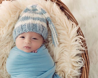 The Blake Hat, Elf Hat, Newborn Elf Hat, Knit Newborn Elf Hat, Coming Home Hat, Blue Newborn Hat,Newborn Stocking Hat, RTS Photo Prop