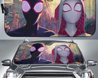 Spider Verse Car Sunshade, Miles Morales & Spider Gwen Windshield Shade, Animated Superhero Auto Sun Visor, UV Protection Car Accessory Gift