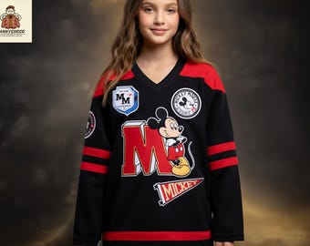Custom Mickey Hockey Jersey Black, Personalized Sports Shirt, Cute Cartoon Fan Gift, Unisex Oversized Top