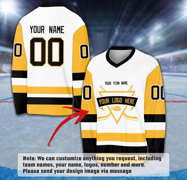a white and yellow hockey jersey with the text "YOUR NAME" and "YOUR TEAM NAME" printed on it. The jersey also has a logo and a number "00" on the sleeves.