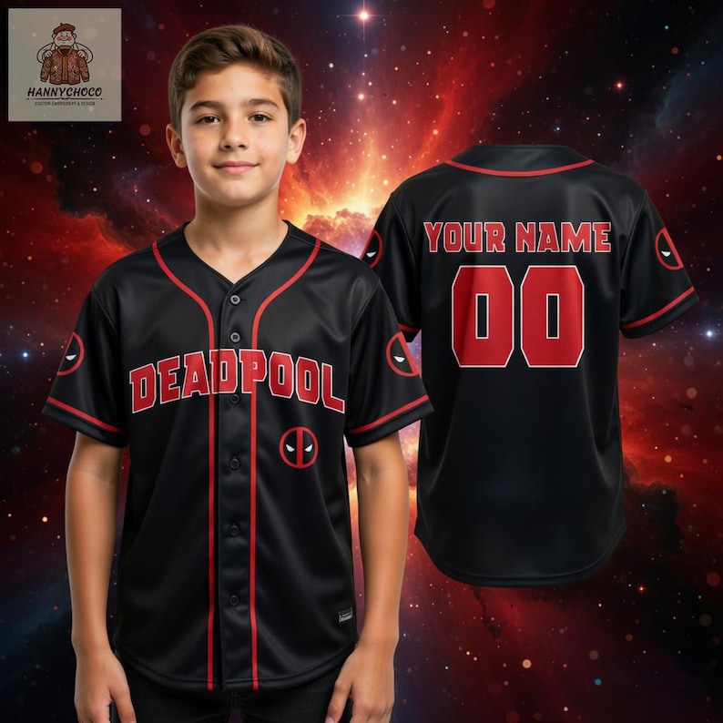 A young boy wearing a black baseball jersey with the word "Deadpool" printed on it, standing in front of a red and orange cosmic background.