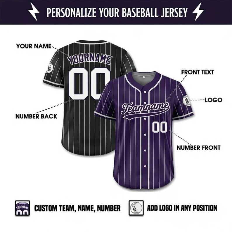 a baseball jersey customization process, with options to personalize the jersey based on the user's name, number, and logo.
