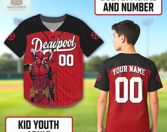 Custom Deadpool Baseball Jersey, Personalized Name Number Youth Kids Superhero Gift