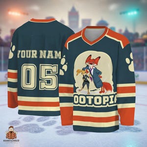 A hockey jersey with a cartoon image of a fox and a rabbit on the front, along with the text "FOOTTOPIA" printed on it. The jersey has a number "05" printed on the back.