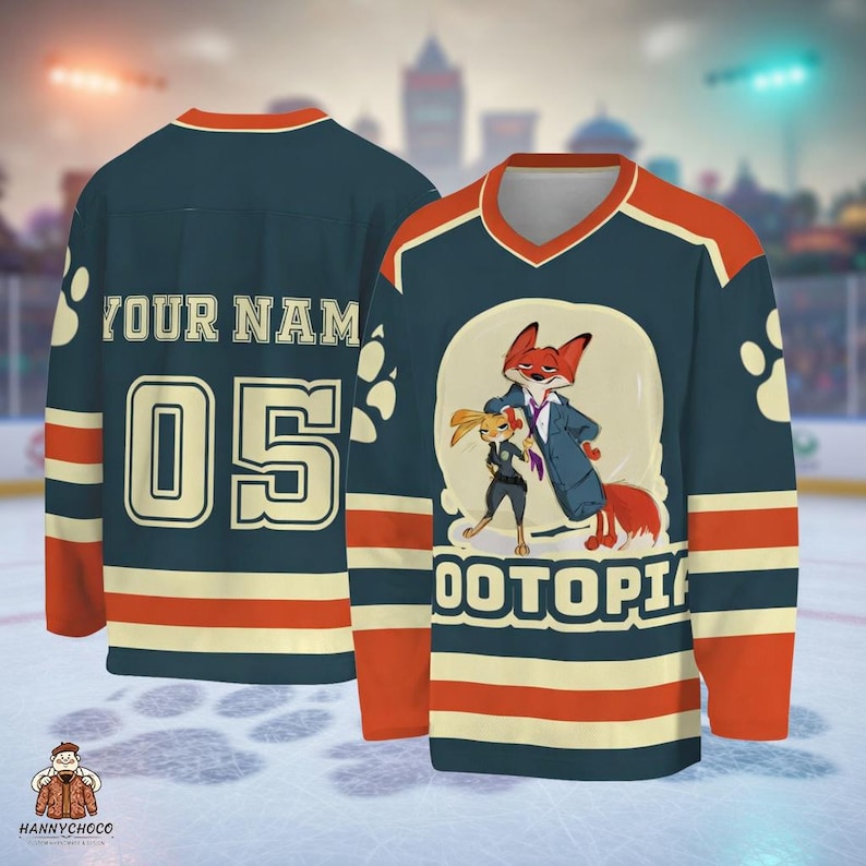 A hockey jersey with a cartoon image of a fox and a rabbit on the front, along with the text "FOOTTOPIA" printed on it. The jersey has a number "05" printed on the back.
