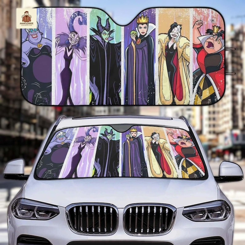 A car windshield with a colorful, cartoon-style design featuring characters from the Disney film "The Dark Princess".